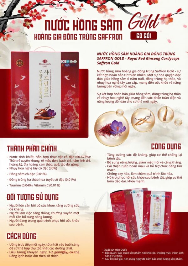 Nước hồng sâm hoàng gia đông trùng saffron gold 70ml - Ảnh 8