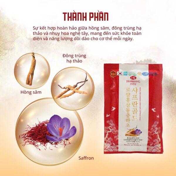 Nước hồng sâm hoàng gia đông trùng saffron gold 70ml Hộp 20 gói - Ảnh 2