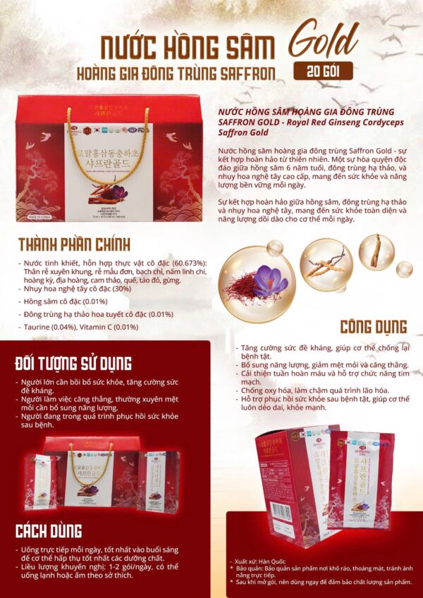 Nước hồng sâm hoàng gia đông trùng saffron gold 70ml Hộp 20 gói - Ảnh 5